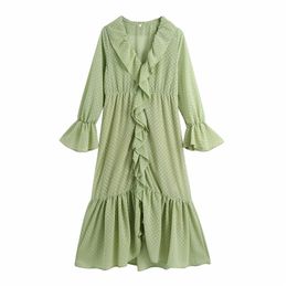 Elegant Women Light Green Polka Dot Dresses Fashion Ladies V-Neck Loose Dress Sweet Female Chic Cascading Ruffles 210427