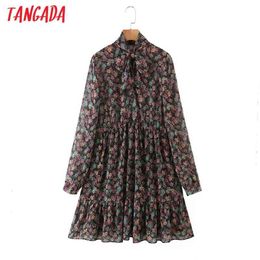 Tangada Autumn Fashion Women Flowers Print Chiffon Dress Bow Tie Long Sleeve Ladies Elegant Dress SL602 210322