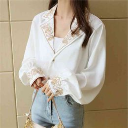 Vintage Blouses Elegant Lapel Flower Embroidery Korean OL Shirt Women Single-Breasted Loose Tops Plus Size 2XL 210601