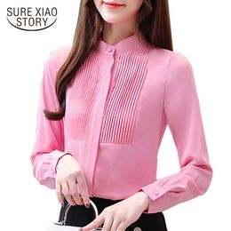 Spring Fashion Elegant Chiffon Women Shirts Long Sleeves Solid White Female Womens Tops and Blouses Stand 8226 50 210527