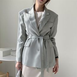 Autumn Blazers Women Coat Korean Work Wear Formal Blazer Slim Elegant OL Suit Collar Jacket Female Outerwear With Belt 210514