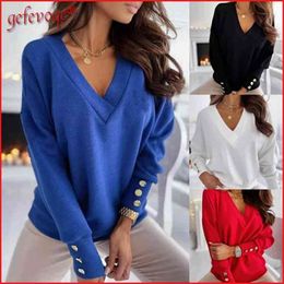 Autumn Lady Winter Fashion Knitwear Women V Neck Long Sleeve Casual Streetwear Solid Button Knitted Pullover Sweaters Jumper 210914