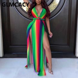 Women Plunge V-neck Stripe Printed Slit Belt Maxi Dress 210702