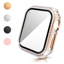 -Película de vidrio Fundas de PC Diamante Full para Apple Watch Series 6 SE 5 4 3 Accesorios de la caja Iwatch 40mm 44mm 38mm 42mm protector de pantalla cubierta de parachoque