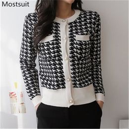 Houndstooth Knitted Cardigans Tops Women Long Sleeve O-neck Single-breasted Sweaters Fashion Vintage Korean Femme 210513