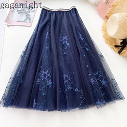 Gaganight Embroidery Stars Women Maxi Skirt Elegant Chic Sequins Bling Pleated Female Skirts Mesh Patchwork Fladas Summer 210519