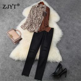 Color Block Print Loose Shirt and Pants Suit Women High Quality Elegant Office Lady Two Piece Outfits Casual Skinny Trousers Set 210601