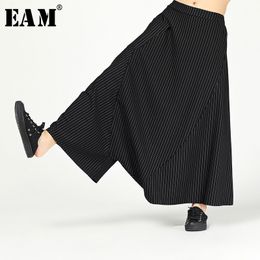 [EAM] New Spring Autumn High Elastic Waist Black Striped Printed Loose Big Size Harem Pants Women Trousers Fashion JL614 210319