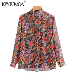 KPYTOMOA Women Sexy Fashion Floral Print Button-up Blouses Vintage Long Sleeve See Through Female Shirts Blusas Chic Tops 210317