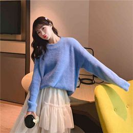 Faux mink fleece loose knit sweater female solid color round neck lazy long sleeve comfortable pullover Jumpers women spring 210427