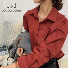 Jocoo Jolee Casual Long Sleeve Solid Turn-down Collar All-match Loose Tops and Blouses Elegant Office Lady Shirt Oversized Tunic 210518