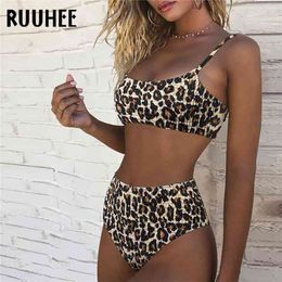 RUUHEE Leopard Swimsuit Women Push Up Bikini Shirred High Waist Swimwear Female Biquini Brazilian Swimming Bathing Suit 210702