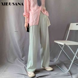 Fashion Women Elastic High Waist Wide Leg Pants Spring Summer Drape Loose Straight Pant Female Ice silk Long Trousers 210423