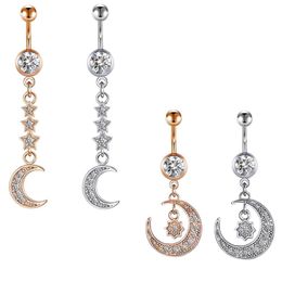Dangle Moon Star Belly Barbells Women Body Jewellery cubi zirconia Navel Rings For Salon and Piercing Supplies