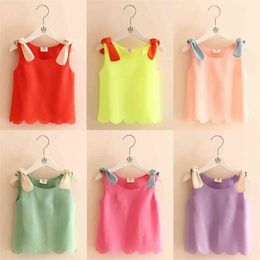 Kids Tops Summer Candy Colour Orange Black White Blue Yellow Pink Purple Sleeveless O-Neck Chiffon T-Shirt Baby Girl 210701