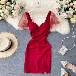 Women's Summer Fashion V Neck Sexy Backless Pleated Short Slim Split Dress Solid Colour Vintage Vestidos N020 210527