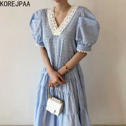 Korejpaa Women Dress Summer Korean Chic Elegant Gentle Lace Stitching V-neck Print Loose Bubble Sleeves Large Swing Dresses 210526