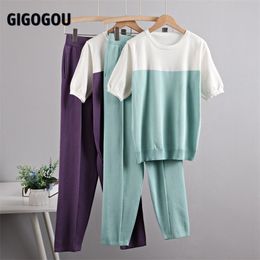 GIGOGOU Summer Tracksuits Womens Two Pieces Set Chic Outfits Knitted Cotton T Shirt High Waist Carri Pants Candy Colour Clothing 210727