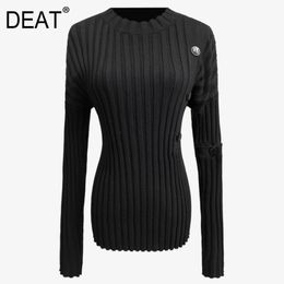 O-neck Striped Single Breasted Side Placket Detachable Sleeves Black Mall Goth Formal Sweater For Women Spring GX344 210421