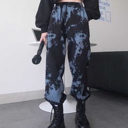 Harajuku Tie-Dye Women's Pants Y2K Korea Ulzzang Punk Gothic Loose Vintage Hip-Hop Plus Size Couple Leggings 210608