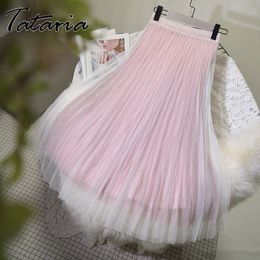 Tataria High Waist Skirt for Women Mesh Pleated Bright Silk Yarn s Causal Beautiful Gradient Color s 210514