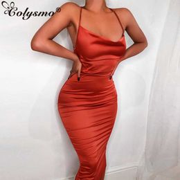 Colysmo Neon Sexy Satin Dress Women Elastic Fit Bodyocn lace up Summer Party Backless Long Pencil es Outfits 210527
