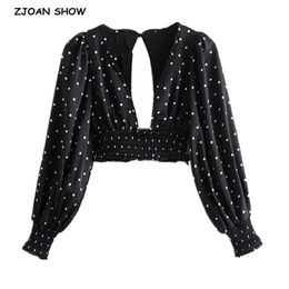 Sexy Long Sleeve Polka Dot Print Pleated Ruched Cropped Shirt Black Women Deep V neck Backless Slim Short Blouse Tops 210429