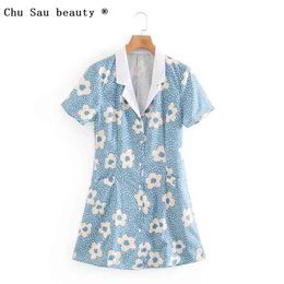 summer vintage woman slim high waist lapel single-breasted blue sunflower print pocket mini dresses 210514