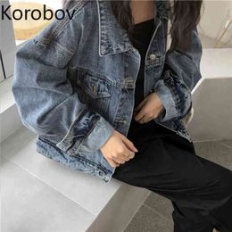 Korobov Women Denim Jacket Harajuku Streetwear Long Sleeve Turn-Down Collar Coat Vintage BF Style Pockets Chaqueta Mujer 79525 210430