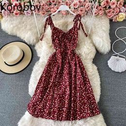 Korobov Summer New Dresses Women V Neck Slim Waist Floral Printed A Line Spaghetti Strap Dress Drawstring Lace Up Vestidos 210430