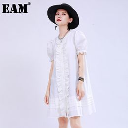 [EAM] Women White Ruffles Split Joint Temperament Dress Round Neck Short Sleeve Loose Fit Fashion Spring Summer 1W191 21512