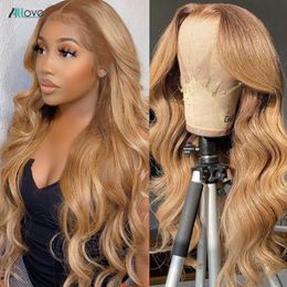 peruvian hairs UK - Allove 30 32 Inch 1b 27 #27 Colored Wig Brown Color Straight Human Hair Lace Front Wigs Body for Women