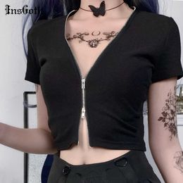 InsGoth Sexy V-neck Bodycon Tops Women Harajuku Streetwear Black Short Sleeve Zipper Tops T-shirt Summer Gothic Crop Tops Female Y0629