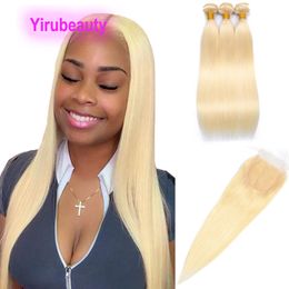 Peruvian Blonde Colour 613# Straight 3 Bundles Hair Wefts With 4X4 Lace Closure Free Middle Three Part 100% Human Hairs 16-30inch