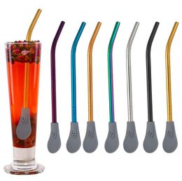 304 Stainless Steel Silicone Straws Spoons Tea Filter Drinking Straw Spoon Creative Coffee Mixing Bar Kitchen Tool 7 Colors