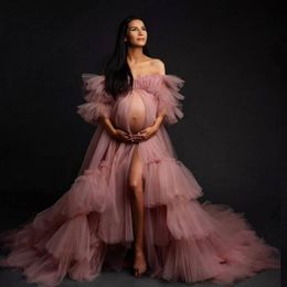 Duaty Pink Sexy Prom Maternity Dress For Photo Shoot Off Shoulder Sheer Bridal Robe Tulle Dress Front Slit Tulle Robes Pregnant Woman Evening Dress