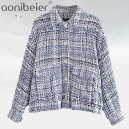 Spring Autumn Women's Small Fragrance Style Single-Breasted Plaid Texture Shirt Loose Lapel Jacket Pocket Coat 210604