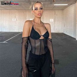 Weird Puss Sexy Mesh Women Long Sleeve T-Shirt Backless Y2K Top Halter Off Shoulder Chic Patchwork Fashion Club Party Streetwear 210324