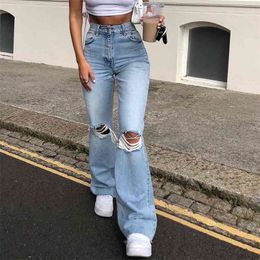 Fashion Ripped Blue Flare Jeans For Girls Female Casual Women's Vintage Denim Pants High Waisted Trouser Harajuku 210922