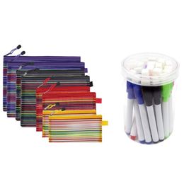 Pencil Bags Zipper File Pouch Mesh Bag With 24 Pack Of Erasable Whiteboard Pens