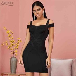 ADYCE New Off Shoulder Bodycon Bandage Dress Women Vestido Sexy V Neck Spaghetti Strap Club Celebrity Evening Party Dress 210325