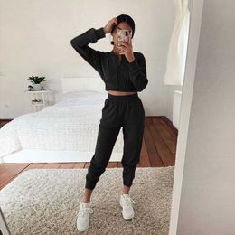 Solid Tracksuit Women Two Piece Set Spring Clothes Zipper Crop Top and Pants Sweat Suit Casual Women's Sets Outfit Jogging Femme Y0625