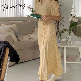 Yitimuceng Floral Print Dresses for Women Lace Up Puff Sleeve High Waist Clothes Summer Korean Fashion Maxi Boho Dress 210601