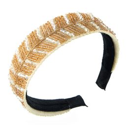 Elegant Korean Crystal Leaf Headband for Woman Vintage Hand Made Beaded Wide-brimmed Hairband Female Party Headpieces