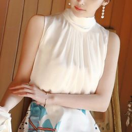 Women's Blouses & Shirts Halter Sleeveless Chiffon Shirt Summer 2021 White Turtleneck Top Loose Back Bowknot OL Blouse Blusa