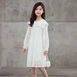 Spring 2021 White Lace Girls Dress Korean Children Long Sleeve Elegant Clothes Birthday Dresses for Teenage Girls 4 8 12 14 15Y Q0716