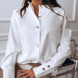 Elegant Long Sleeve Metal Buttons Blouse Office Lady Shirt Womens Tops and Blouses Spring Solid Tunic 210428