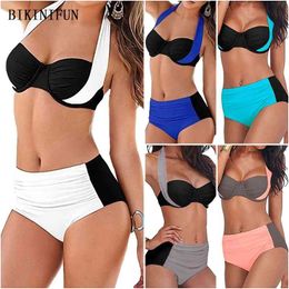 Sexy Solid Colour Bikini Women Swimsuit Plus Size Swimwear S-3XL High Waist Bathing Suit Halter Push Up Beachwear Set 210621