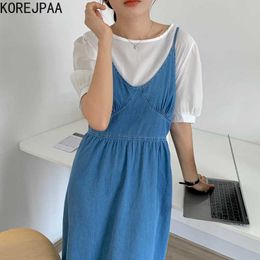Korejpaa Women Dress Sets Summer Korean Chic Simple Wild Loose Bubble Sleeve Shirt and V-neck Denim Sling Dress Long Skirt 210526