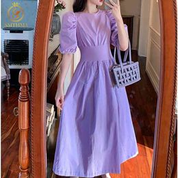 Fashion Vintage Elegant Women Solid Summer Dresses Robe Ladies Casual Puff Sleeve Dress Vestidos 210520